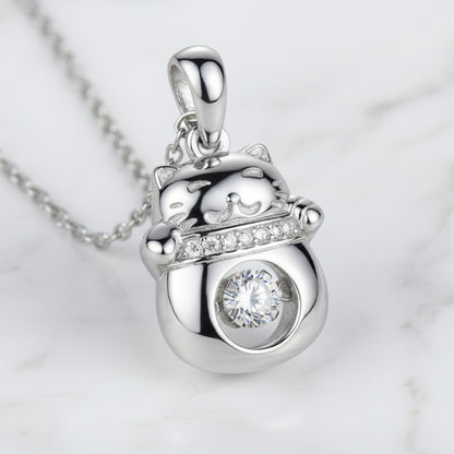 French Lucky Cat 0.3 Carat Moissanite Pendant set in 18K White Gold Plated 925 Silver Capella Jewellery