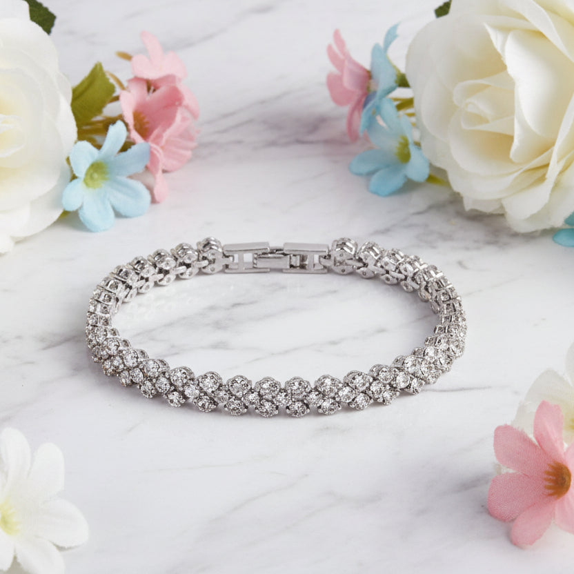 European Design Full Row Natural Zircon Tennis Bracelet set in 18K White Gold Plated 925 Silver