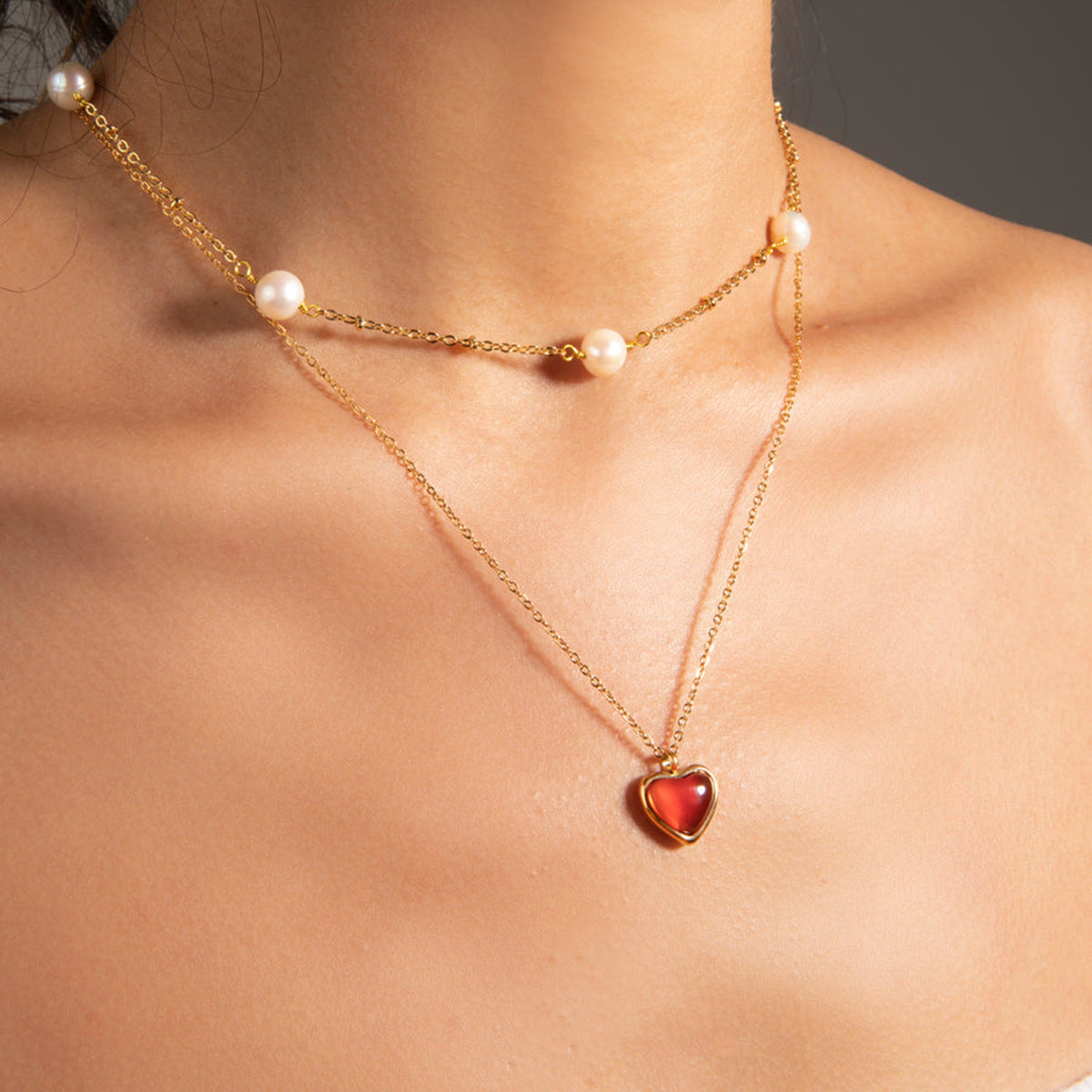 Italian Vintage Red Heart Natural Crystal Love Pendant Necklace set in 18K Gold Plating Capella Jewellery