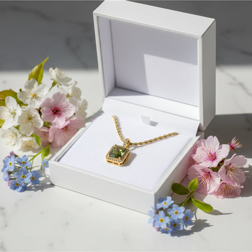European Vintage Emerald Cut Natural Zircon Gemstone Pendant set in 18K Gold Plated Clavicle Necklace Capella Jewellery