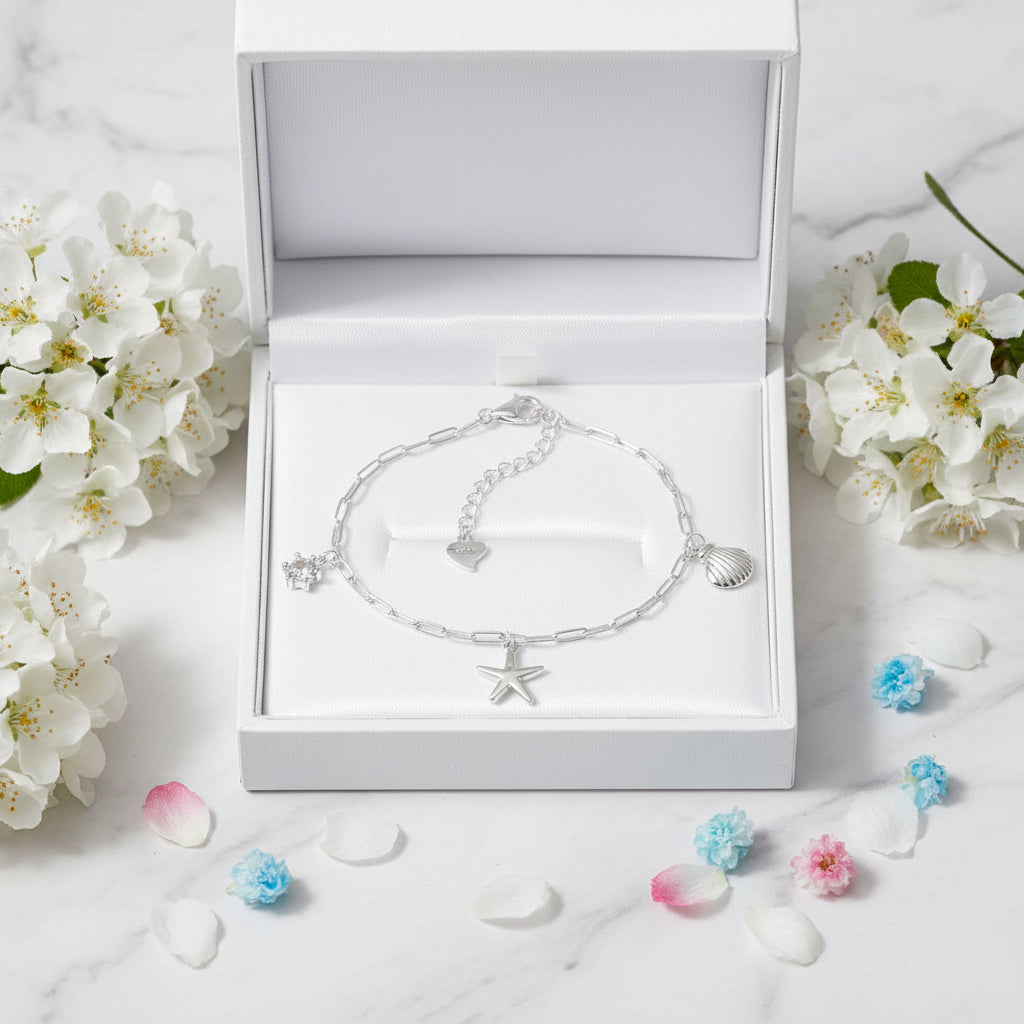 Ocean Starfish and Shell Natural Zircon Gemstone Bracelet set in 925 Sterling Silver