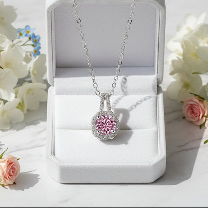 Italian Solitaire Halo Inlay 2 Carat Moissanite Necklace set in Platinum Plated 925 Silver (GRA) Capella Jewellery