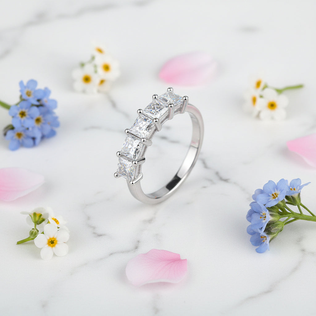 Eternity Five Row 2 Carat Moissanite Diamond Ring set in 18K White Gold Plated 925 Silver (GRA)