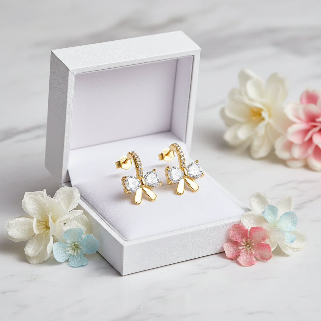 Bow Inspired Micro Inlaid Natural Zircon Gemstone Earrings set in Platinum Plated 925 Silver