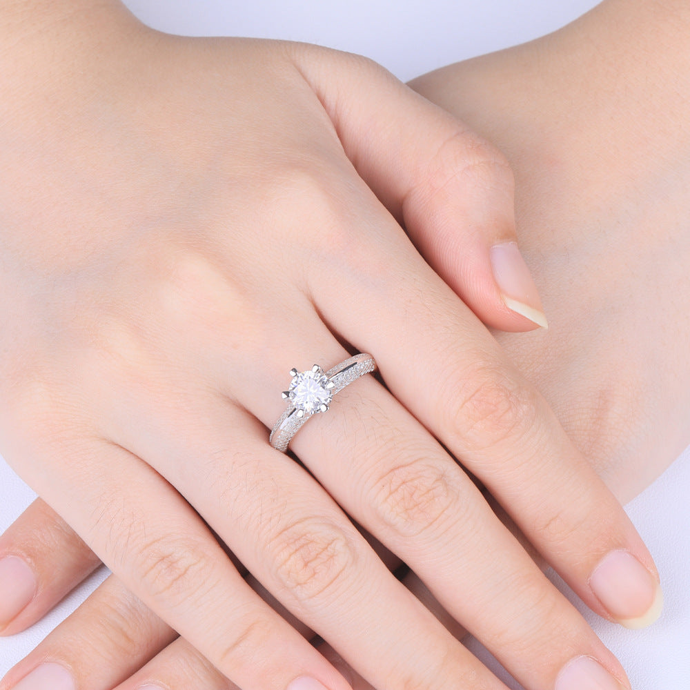European Six-Claw Pavé 1 Carat Moissanite Diamond Ring in 18K White Gold Plated 925 Silver (GRA)