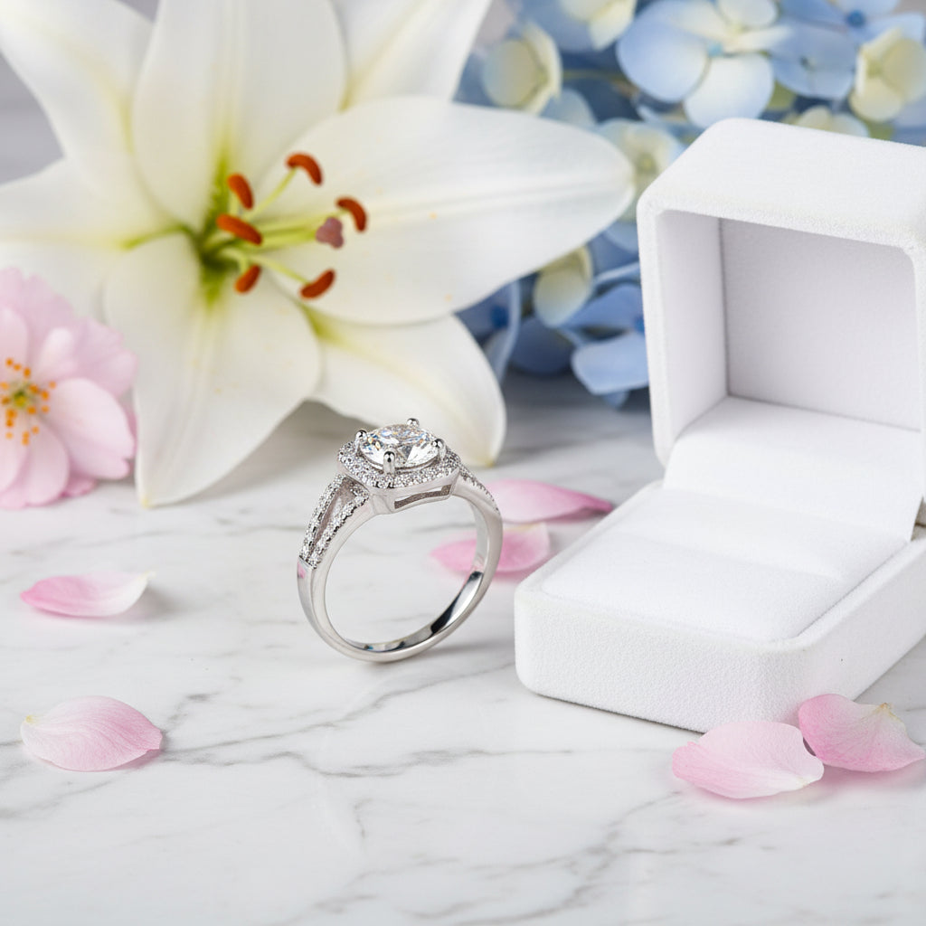 French Halo Pavé Design 1 Carat Moissanite Diamond Ring set in Platinum Plated 925 Silver (GRA)