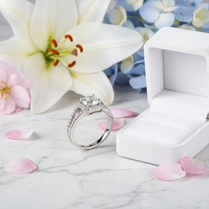 French Halo Pavé Inlay Solitaire 1 Carat Moissanite Ring set in Platinum Plated 925 Silver (GRA) Capella Jewellery