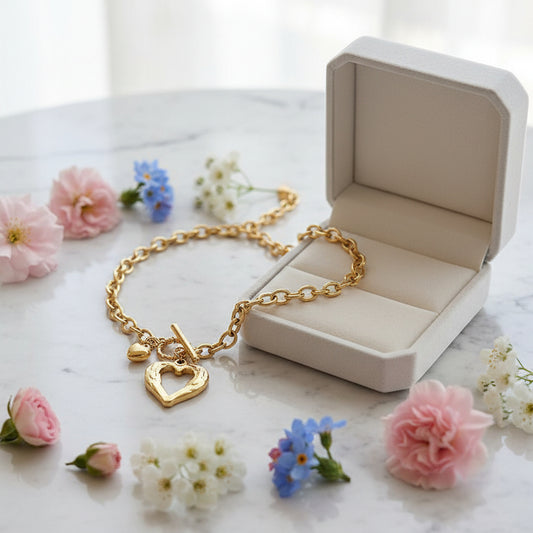 French Chic Amore Peach Love Heart Design Pendent set in 18K Gold Plated Necklace