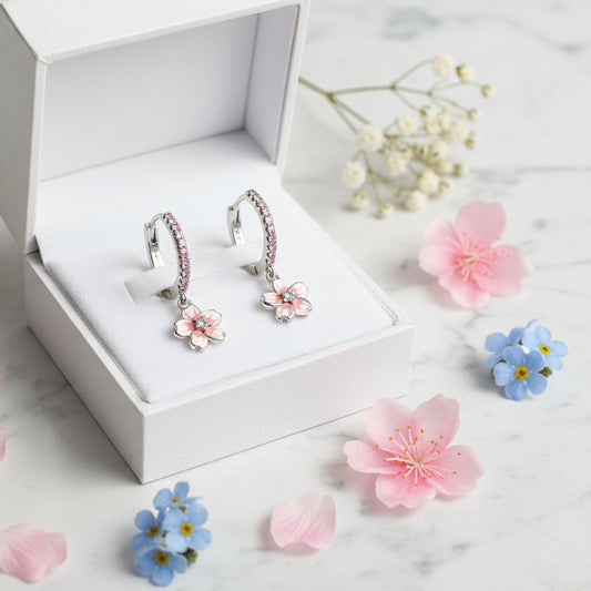 Japanese Sakura Cherry Blossom Natural Zircon Gemstone Earrings set in Platinum Plated 925 Silver