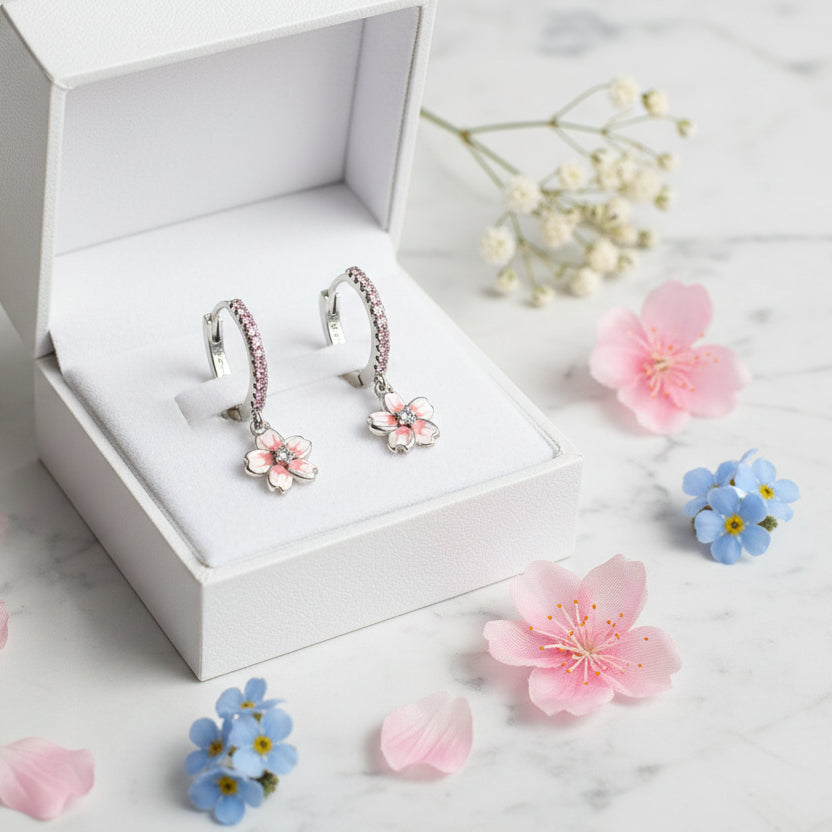 Japanese Design Sakura Cherry Blossom Natural Zircon Gemstone Earrings set in 925 Silver