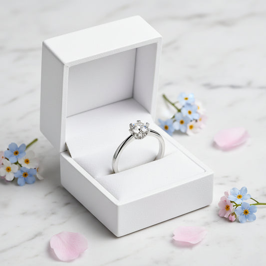 Hearts & Arrows Solitaire 0.5 Carat Moissanite Diamond Ring set in Platinum Plated 925 Silver (GRA)