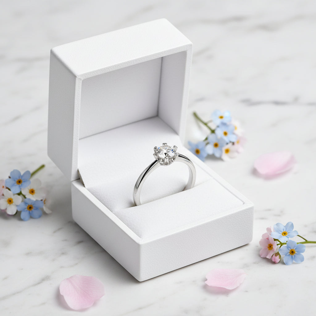 Hearts & Arrows Solitaire 0.5 Carat Moissanite Diamond Ring set in Platinum Plated 925 Silver (GRA)