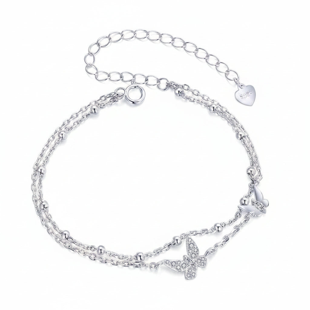 Double-layer Natural Zircon Butterfly Bracelet set in 18k White Gold Plated 925 Silver