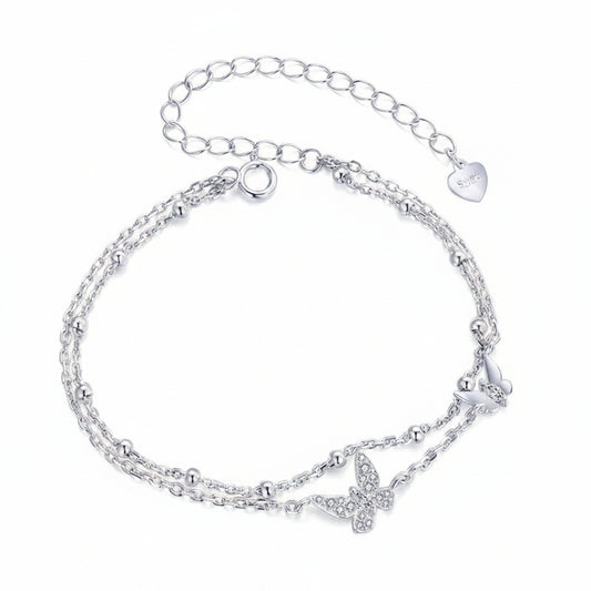 European Butterfly Double-layer Natural Zircon Gemstone Bracelet set in 18k White Gold Plated 925 Silver