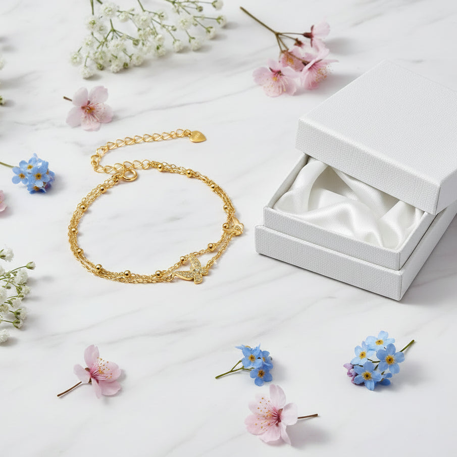 Double-layer Natural Zircon Butterfly Bracelet set in 18k White Gold Plated 925 Silver