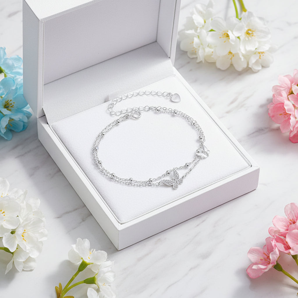 Double-layer Natural Zircon Butterfly Bracelet set in 18k White Gold Plated 925 Silver