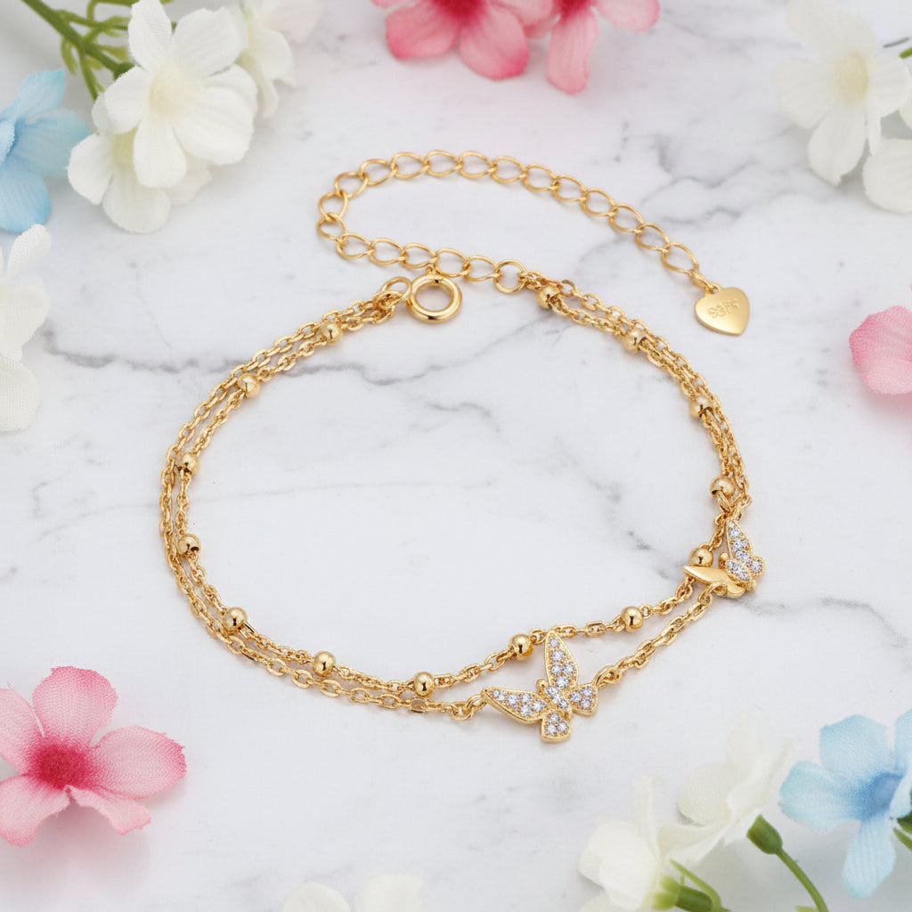 Double-layer Natural Zircon Butterfly Bracelet set in 18k White Gold Plated 925 Silver