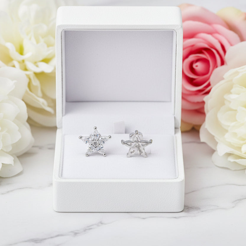 Shining American Star Design Micro Inlaid Natural Zircon Earrings set in Platinum Plated 925 Silver