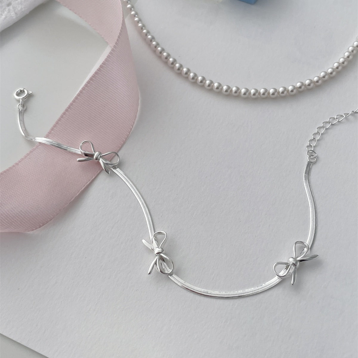 Classic Snake Bone Three Bow Bracelet set in Premium 925 Sterling Silver