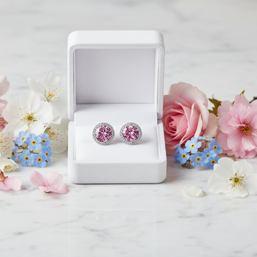 French Pink Halo Center Stones 2 Carat Moissanite Diamond Earrings set in 925 Silver (GRA)