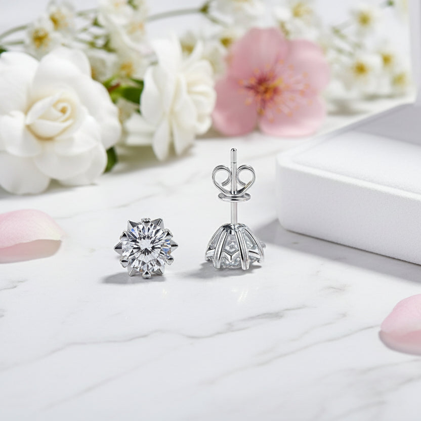 European Snowflake Design 2 Carat Moissanite Diamond Earrings set in 925 Silver (GRA)