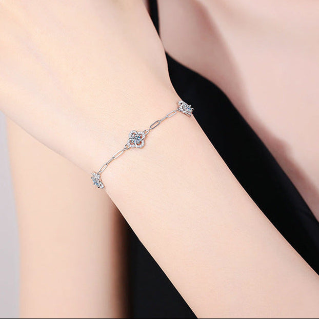Three Clover 0.6 Carat Moissanite Diamond Bracelet set in 18K White Gold Plated 925 Silver