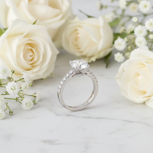 European Solitaire Pavé Inlay Sides 2 Carat Moissanite Diamond Ring set in 18K White Gold Plated 925 Silver (GRA)