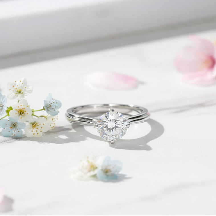 Italian Straight Arm Lotus 1 Carat Moissanite Diamond Ring set in 18K White Gold Plated 925 Silver (GRA)