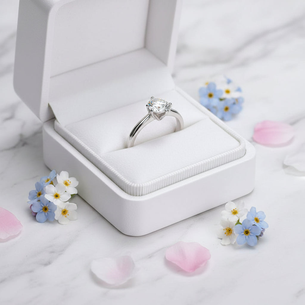 Italian Straight Arm Lotus 1 Carat Moissanite Diamond Ring set in 18K White Gold Plated 925 Silver (GRA)