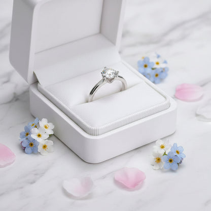 Italian Lotus Flower Solitaire 1 Carat Moissanite Ring set in 18K White Gold Plated 925 Silver (GRA) Capella Jewellery