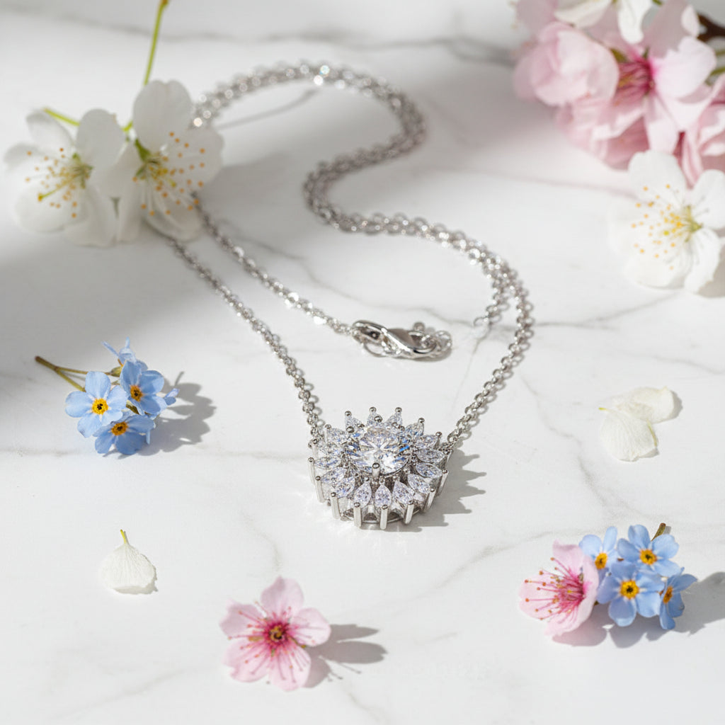 Van Gogh Sunflower 1 Carat Moissanite Diamond Pendant set in Platinum Plated 925 Silver (GRA)