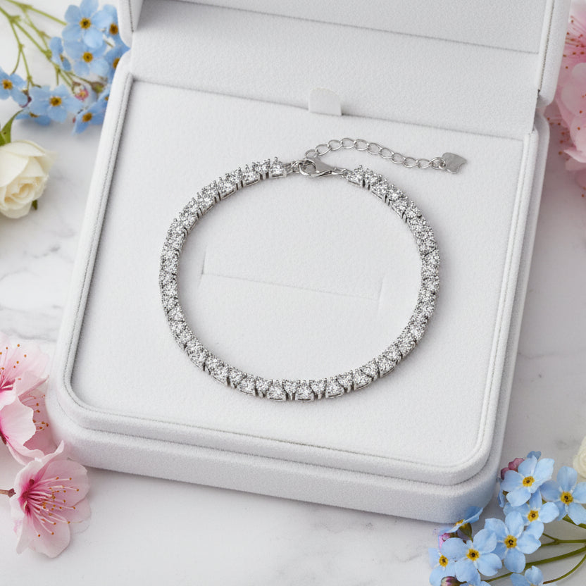 American Design Pink or White Hearts Natural Zircon Gemstone Bracelet set in 925 Silver