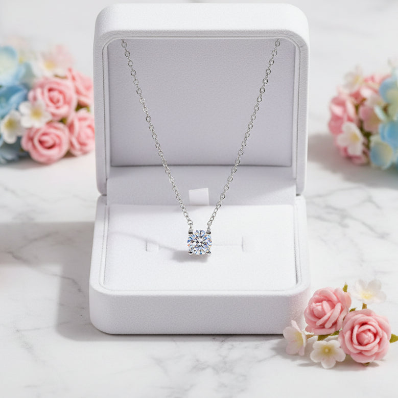 French Design 2 Carat Moissanite Diamond Necklace set in Platinum Plated 925 Silver (GRA)