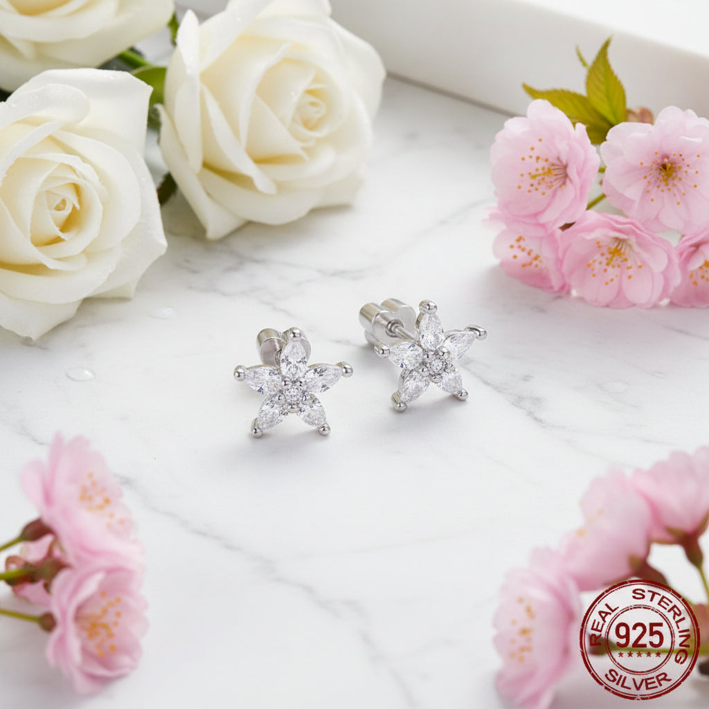 Shining American Star Design Micro Inlaid Natural Zircon Earrings set in Platinum Plated 925 Silver