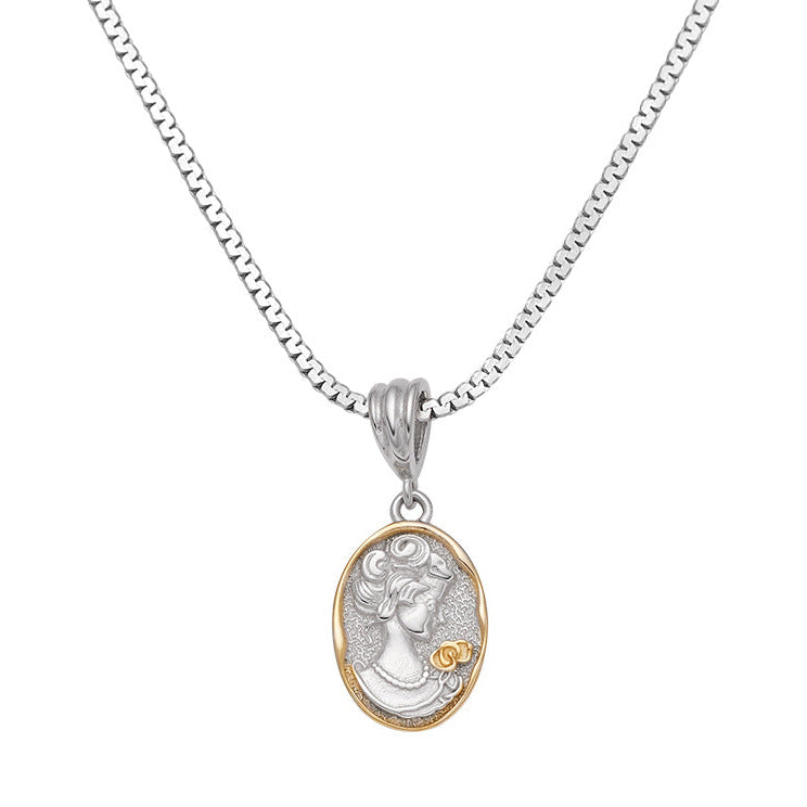 French Designed Queen Elizabeth Portrait Pendant set in Platinum Plated 925 Silver Necklace