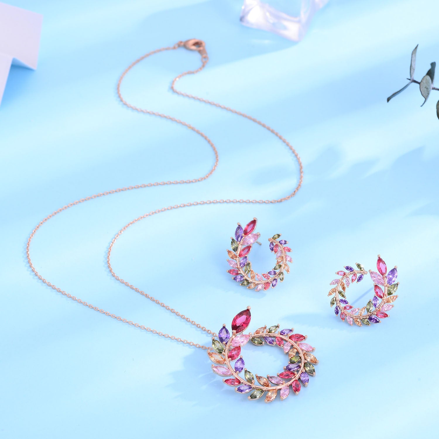 18K Real Gold Handcrafted Inlaid Colorful Garland Shape Necklace and Earrings