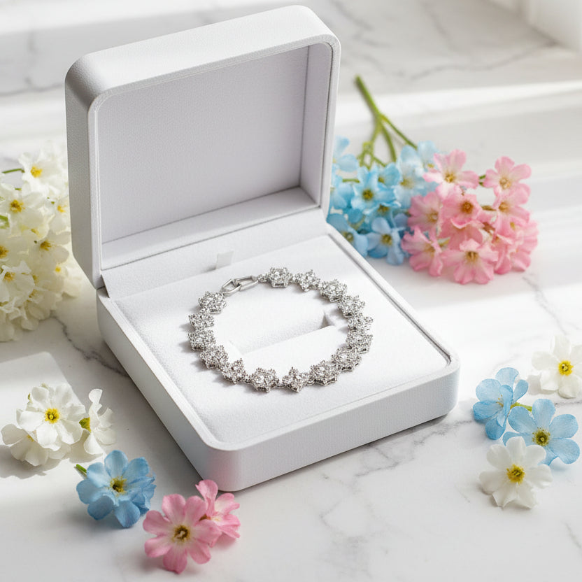 Stars and Flowers Inlaid Natural Zircon Gemstone Bracelet set in Platinum Plating