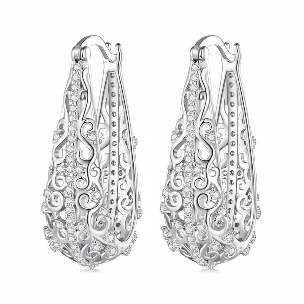 Retro British Designed Floral Earrings set in 18K White Gold Plated 925 Sterling Silver