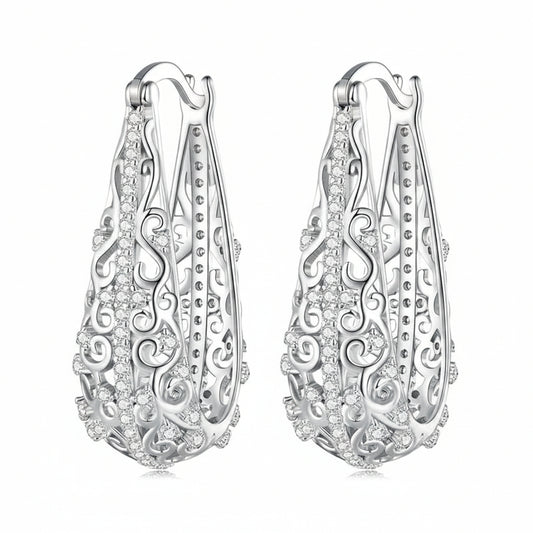Vintage British Inspired Floral Earrings Design set in 18K White Gold Plated 925 Sterling Silver