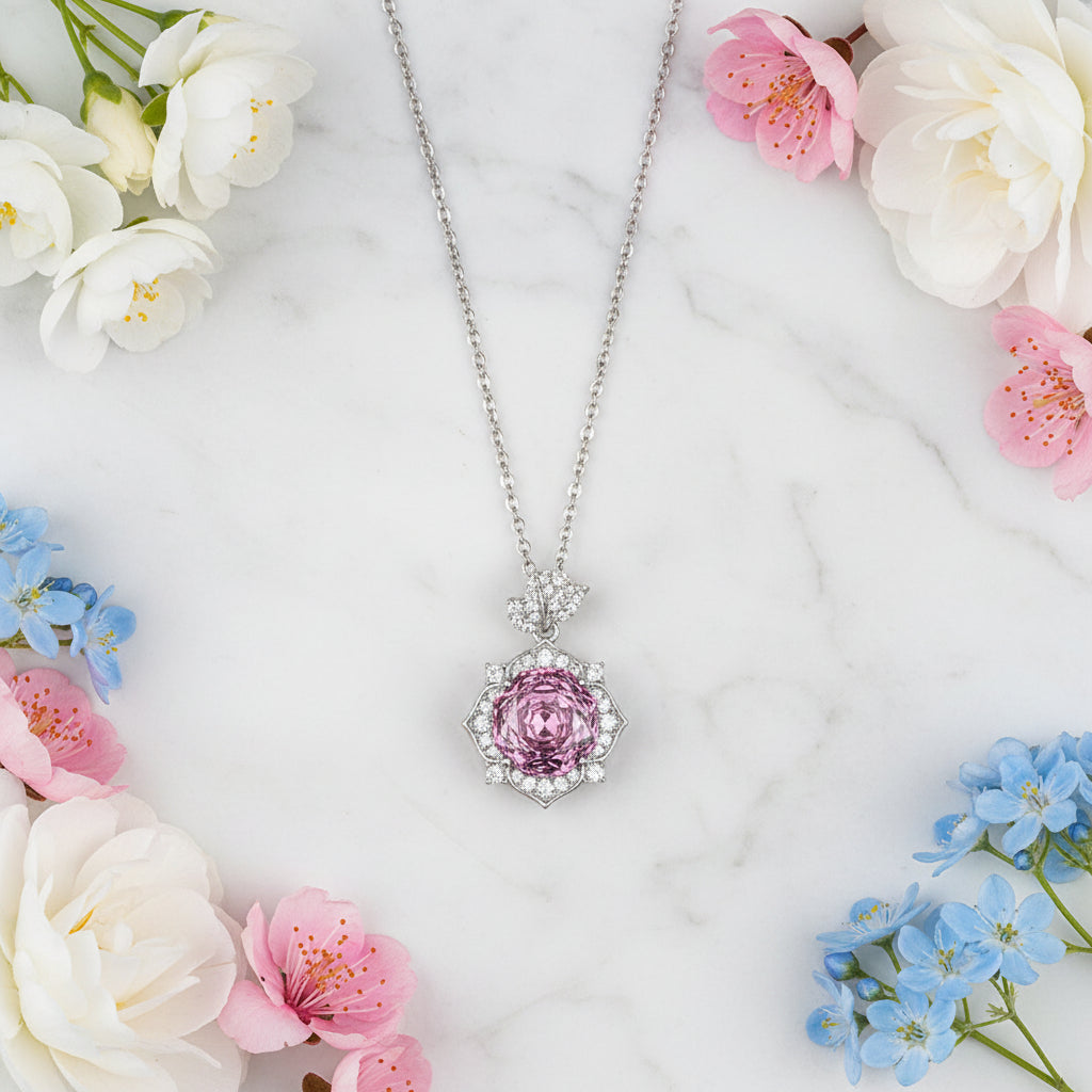 Violet Rose Pendant 5 Carat High Carbon Diamond Pendent Zircon Inlay set in 925 Sterling Silver