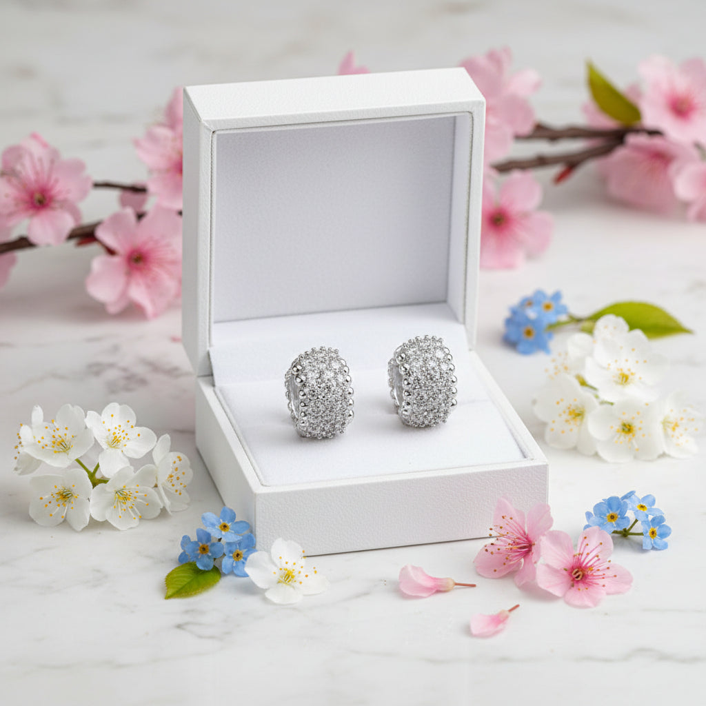 Elegant Micro Inlaid Natural Zircon Gemstone Barrel Earrings set in Platinum Plated 925 Silver