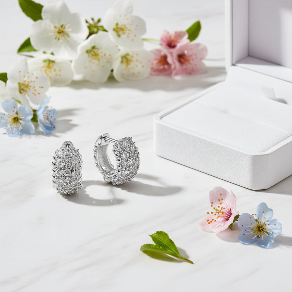 Elegant Micro Inlaid Natural Zircon Gemstone Barrel Earrings set in Platinum Plated 925 Silver
