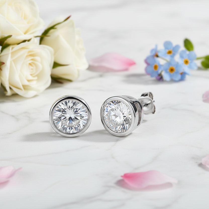 Modern Round 2 Ct Moissanite Diamond Earrings set in 18K White Gold Plated 925 Silver (GRA)