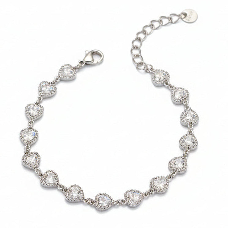 Elegant Italian Hearts Natural Zircon Gemstone Charm Bracelet set in 18K White Gold plating Capella Jewellery
