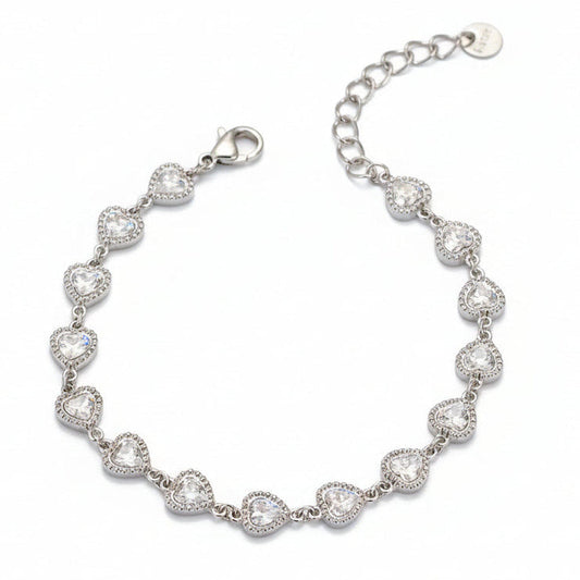 Elegant Italian Hearts Natural Zircon Gemstone Charm Bracelet set in 18K White Gold plating