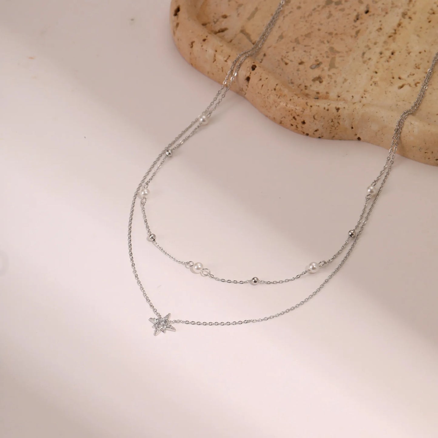 Six-Pointed Star or Heart Double-layer Pearl Necklace and Bracelet set in 18K Gold Plating Capella Jewellery