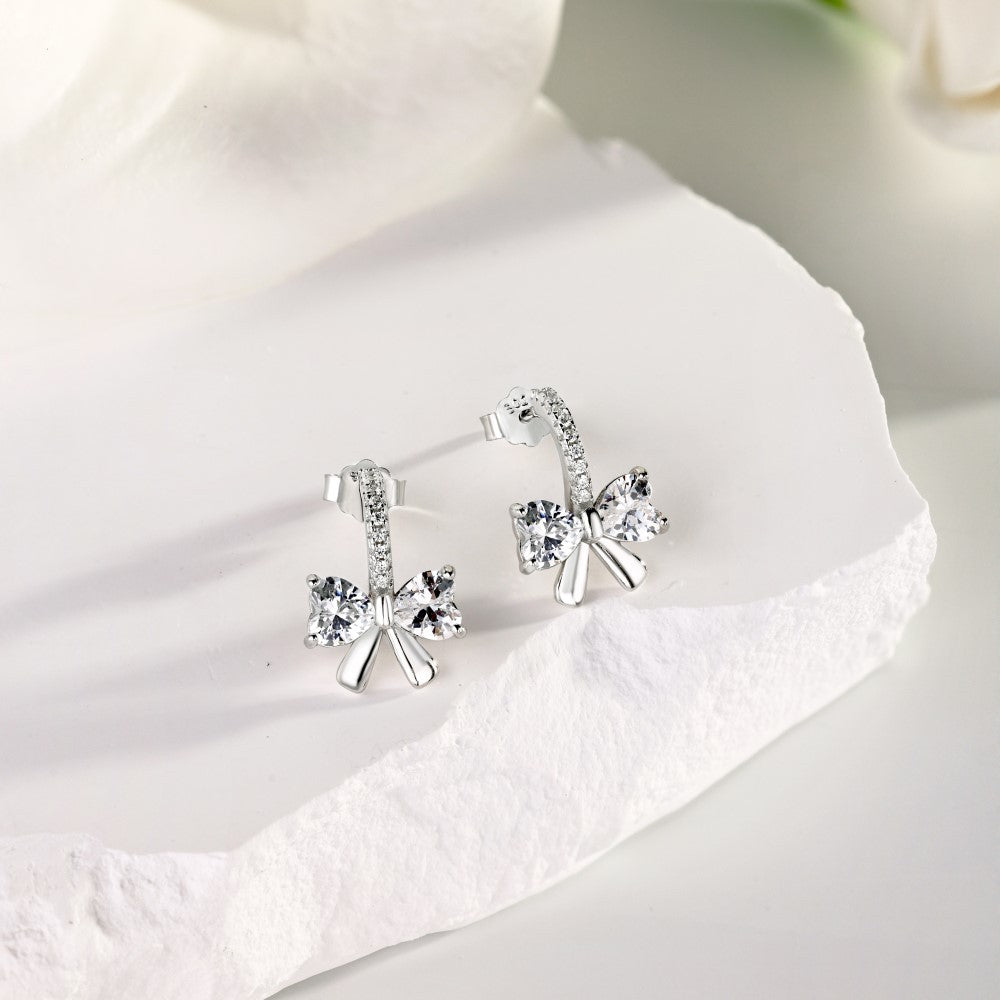 Bow Inspired Micro Inlaid Natural Zircon Gemstone Earrings set in Platinum Plated 925 Silver