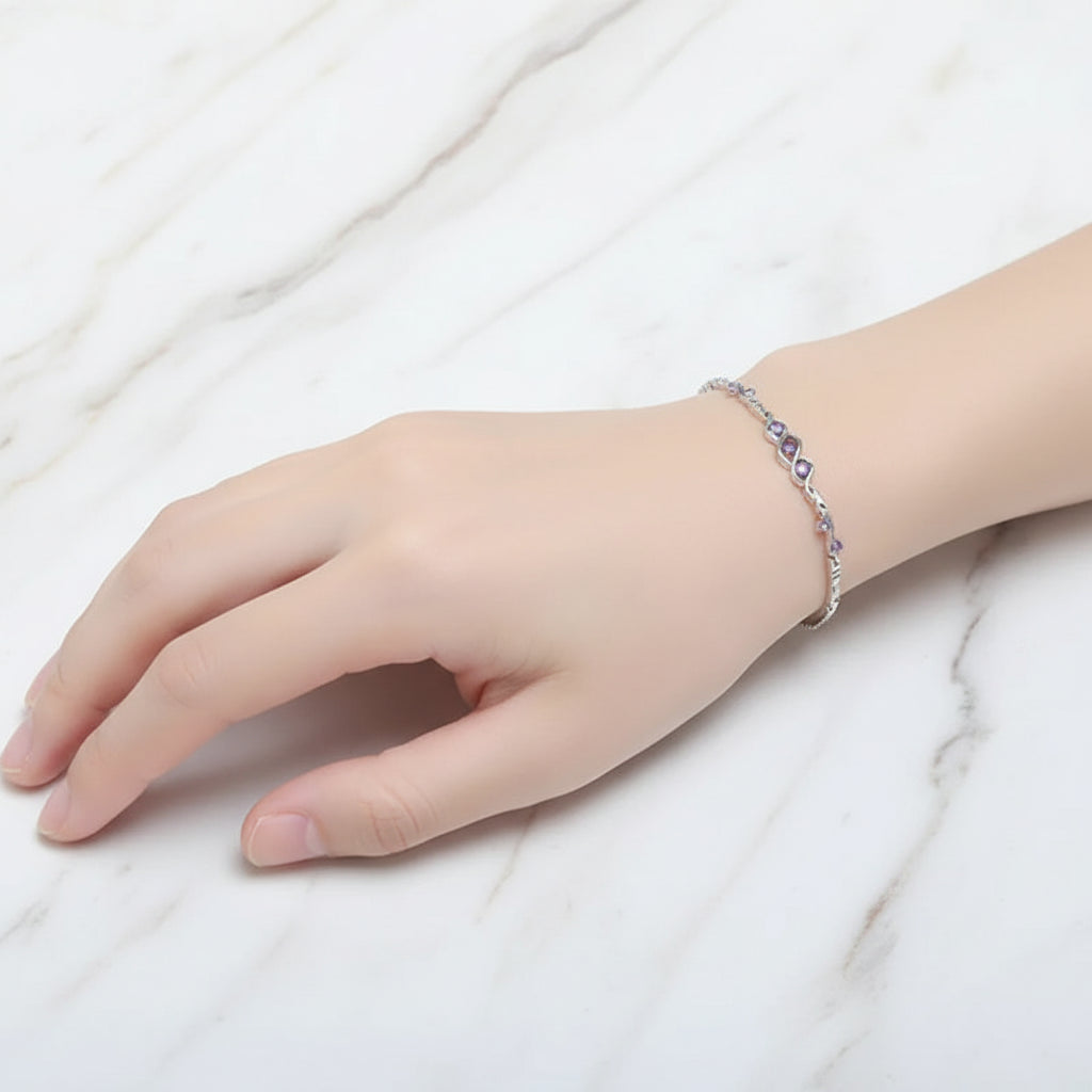 French Purple Amethyst Three Life Stone Bracelet set in 18K White Gold Plated 925 Silver Capella Jewellery