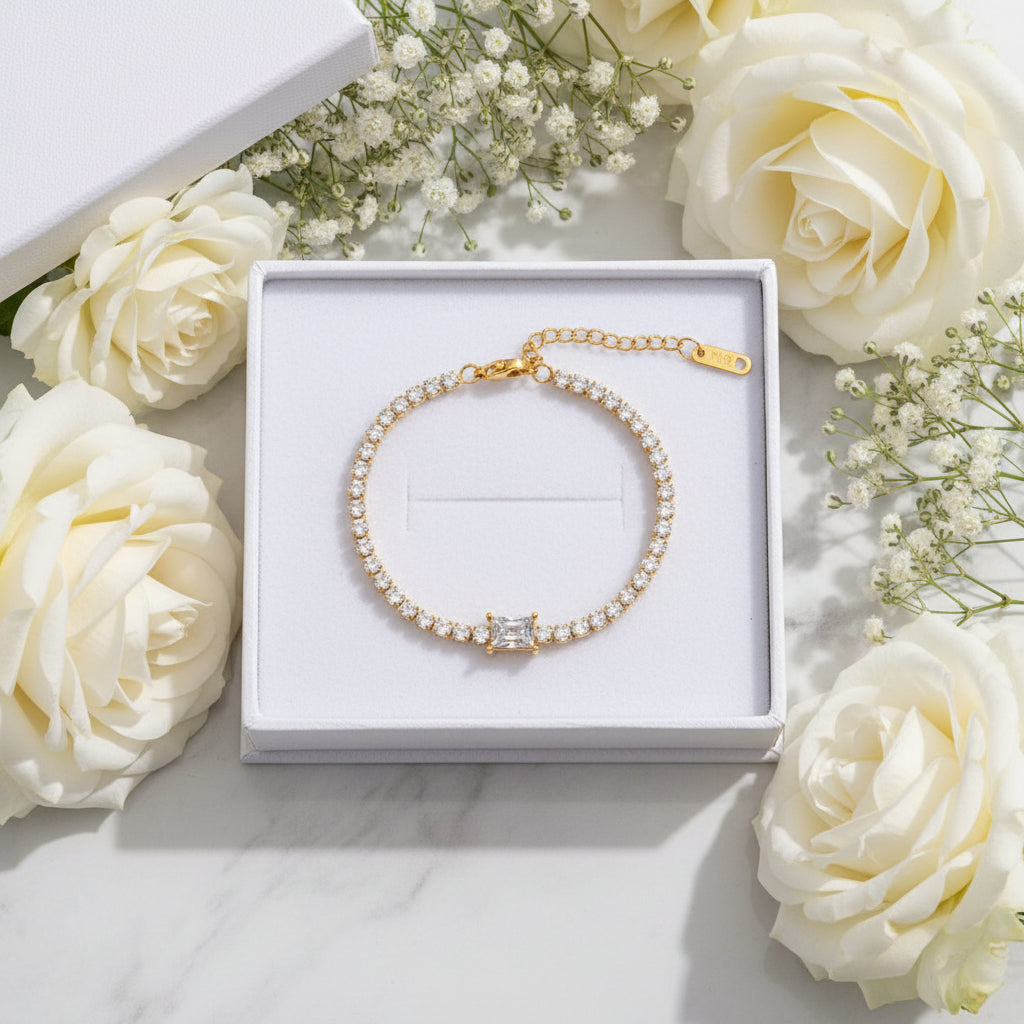 Square French Natural Zircon Gemstone Tennis Chain Bracelet/Necklace set in 18K Gold Plating Capella Jewellery