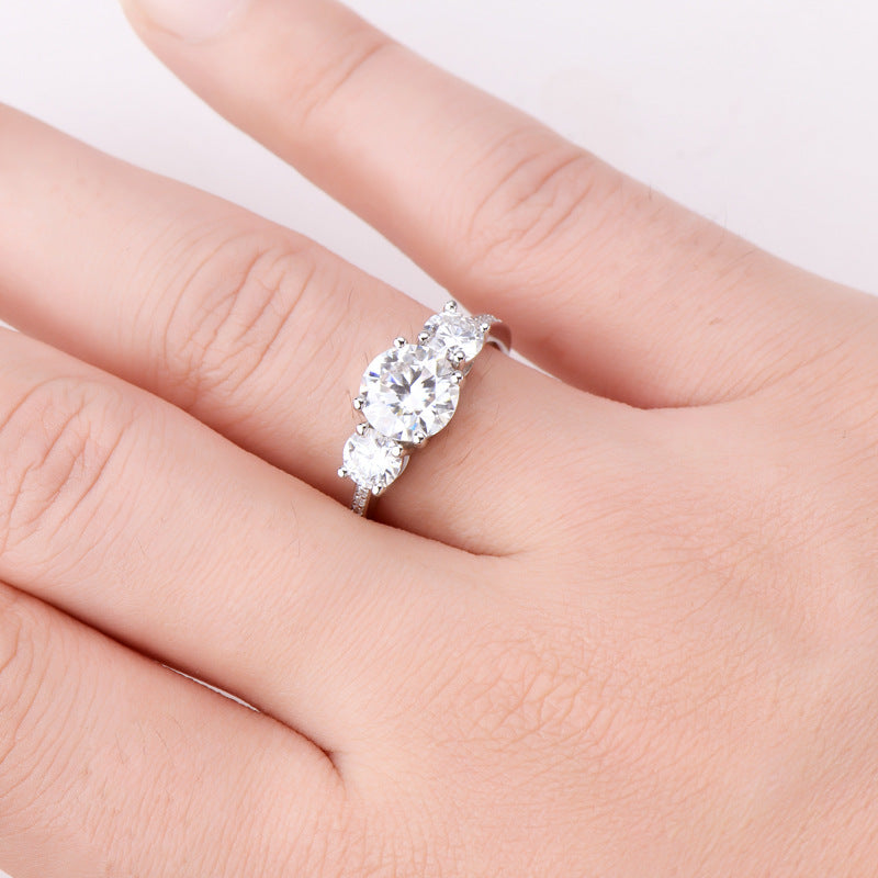 Italian Three Stone 3 Carat Moissanite Diamond Ring set in 18K White Gold Plated 925 Silver (GRA)